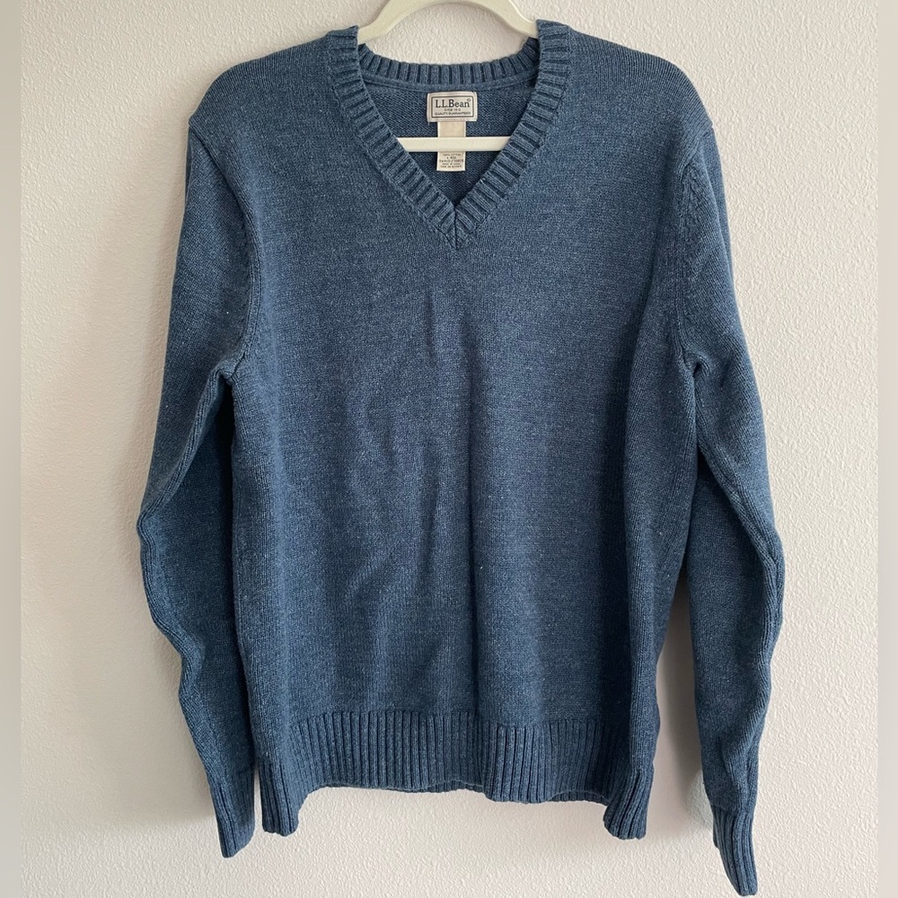 L.L. Bean Grandpa Sweater V-Neck Pullover Men’s Large Blue Fisherman 100% Cotton